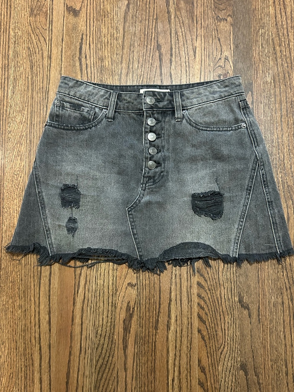 We The Free Black/Gray Distressed Button Fly Denim Mini Skirt Size 26